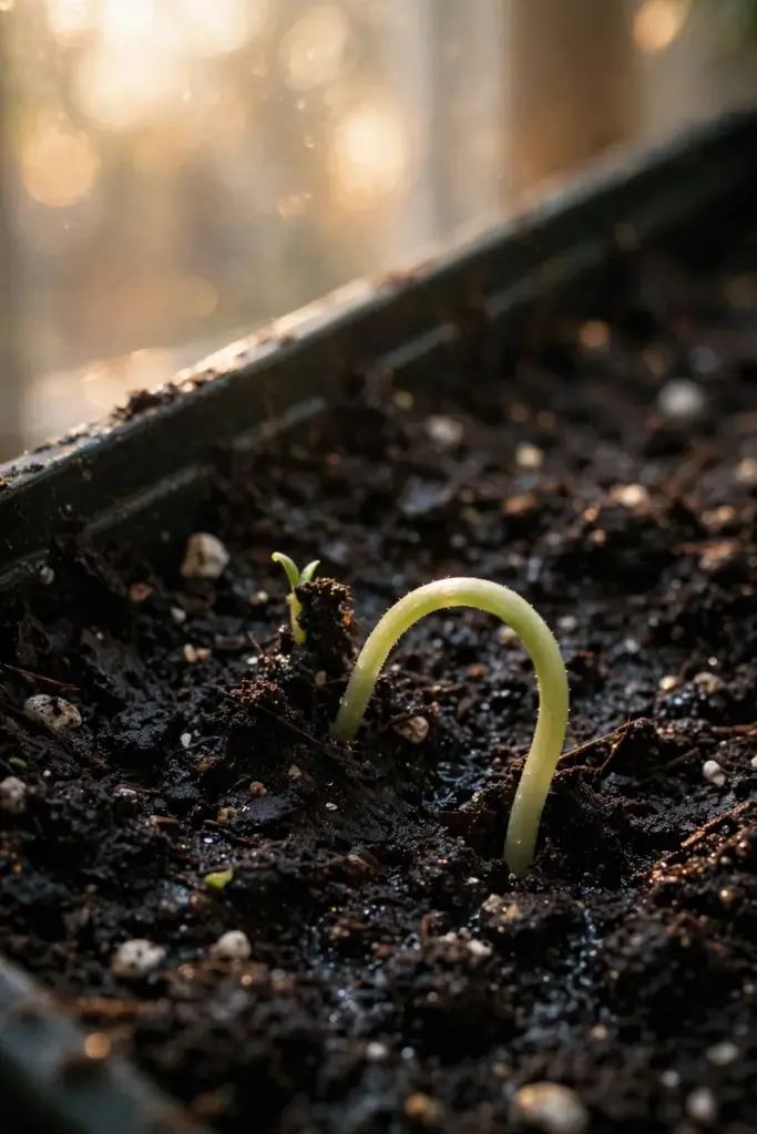 Lemon basil sprout loop pushing through dark soil