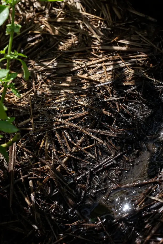 Water soaking into straw mulch around a lemon basil plant