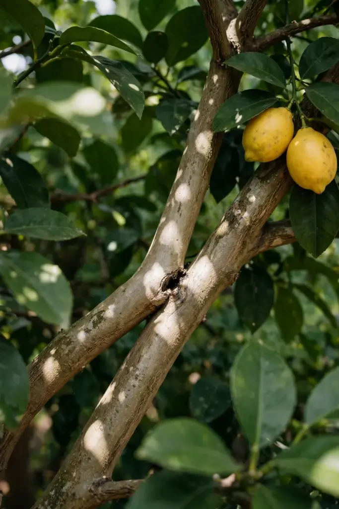 Two crossing lemon branches with worn bark where they rub together