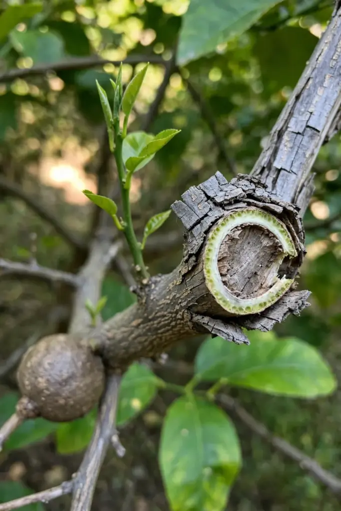Dead gray branch with a fresh cut showing a pale green cambium ring