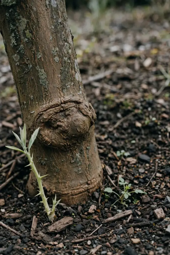 Lemon trunk base with a graft knuckle and a sucker shoot rising below it