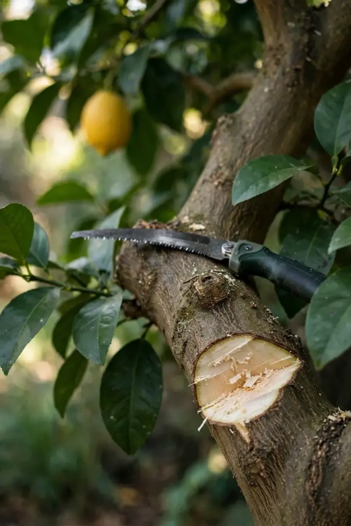 Heavy lemon branch with an undercut kerf and a saw resting on the limb