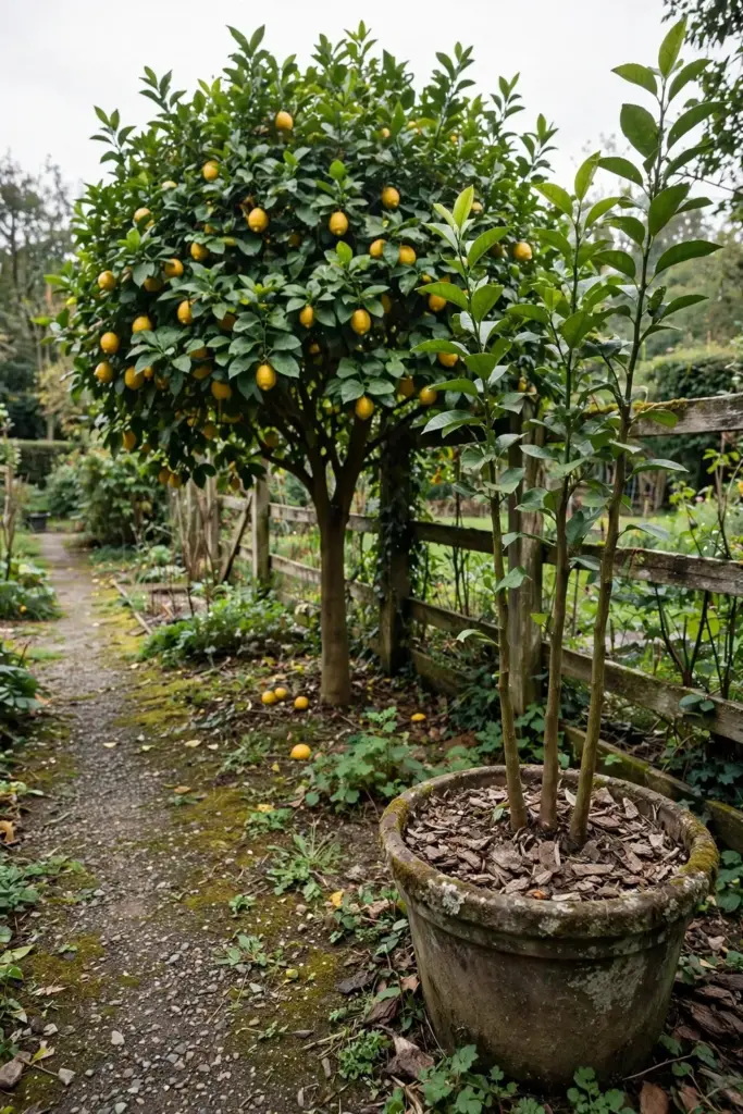 Small potted lemon tree beside a mature lemon tree in the ground