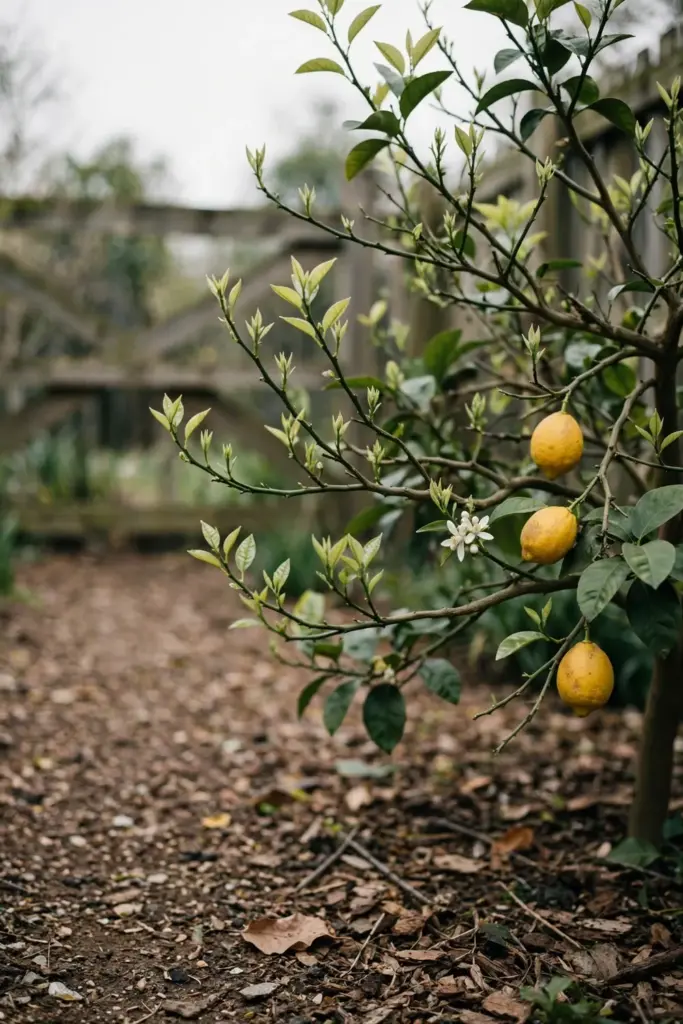 Lemon tree with sparse late fruit and fresh spring shoots after harvest