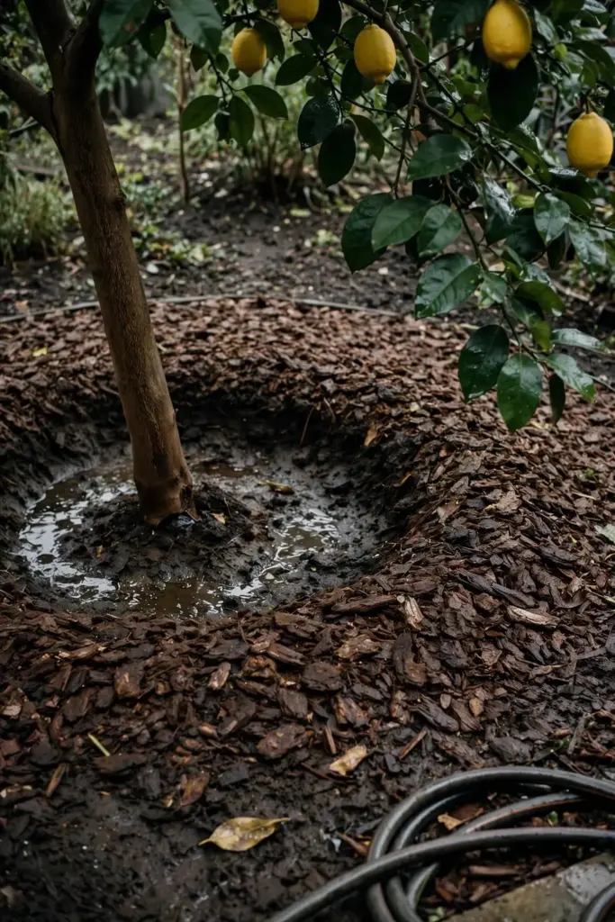 Coarse mulch ring under a lemon tree with water soaking the root zone