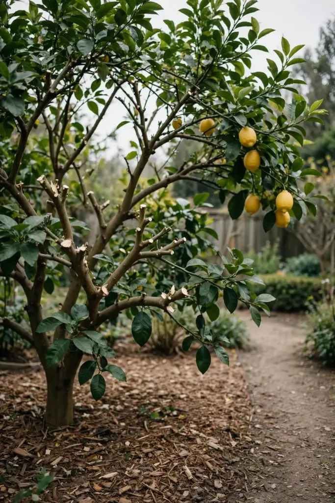 Lemon tree with an open dome and fresh cuts after a light annual prune