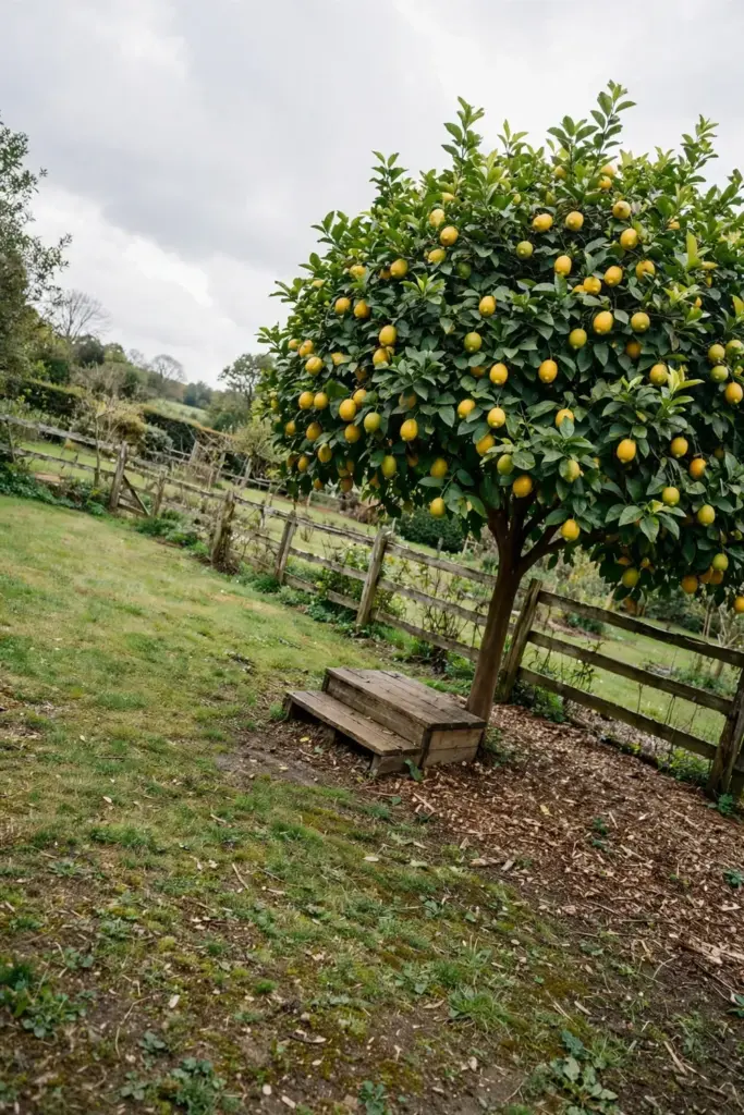 Pruned lemon tree at picking height beside a low step platform