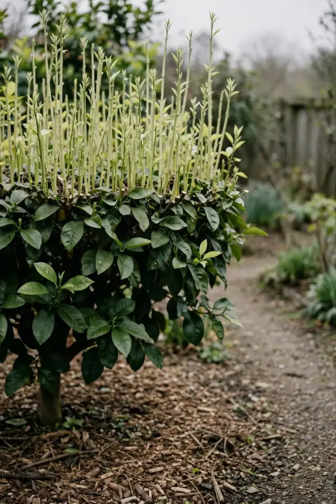 Flat-topped lemon tree with dense upright water-shoot regrowth