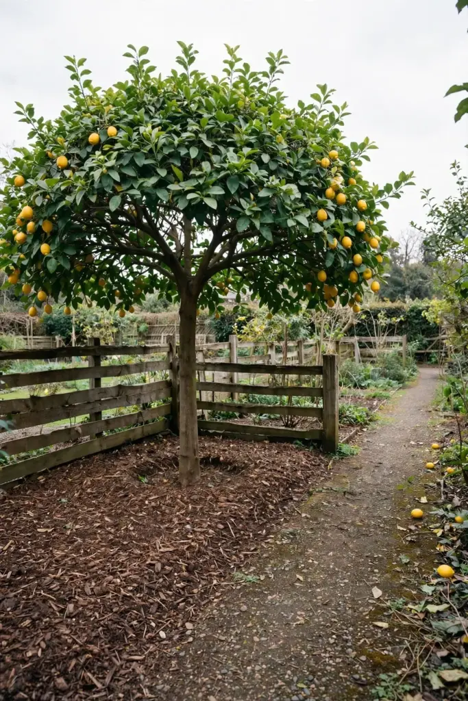 Lemon tree with a cleared skirt and an open center showing the trunk