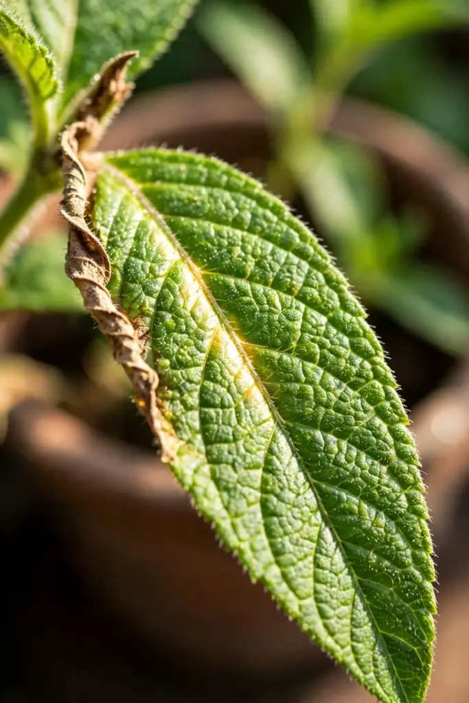 Lemon verbena leaf with sandpapery texture and pointed tip