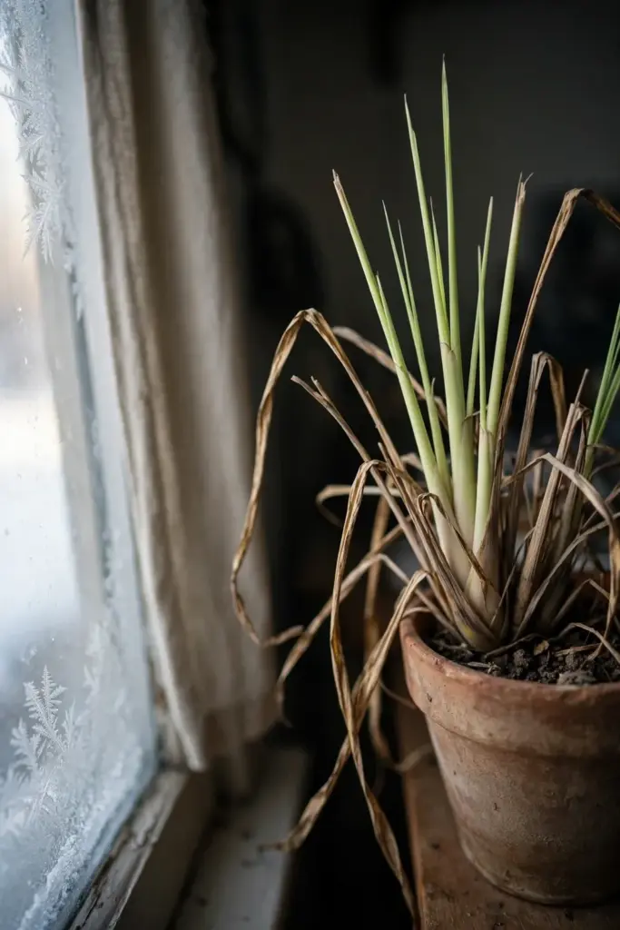 Potted lemongrass overwintering on a bright indoor windowsill