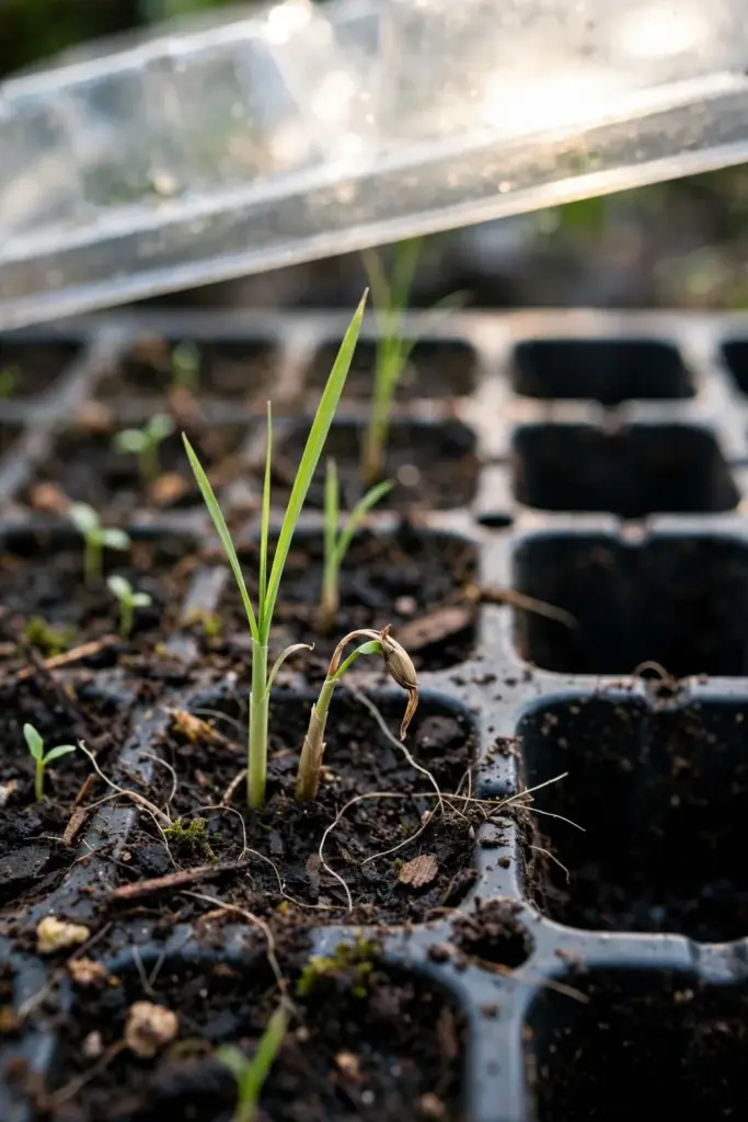 Tiny lemongrass seedlings emerging in a seed tray