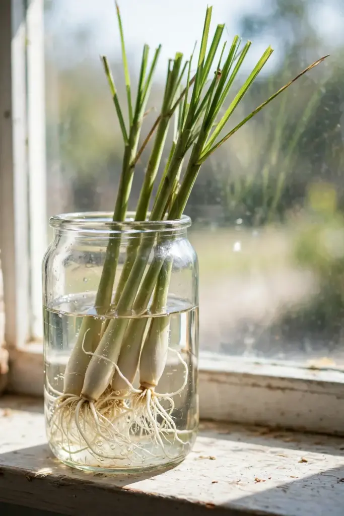 Lemongrass stalks standing in a glass jar of water with new white roots forming