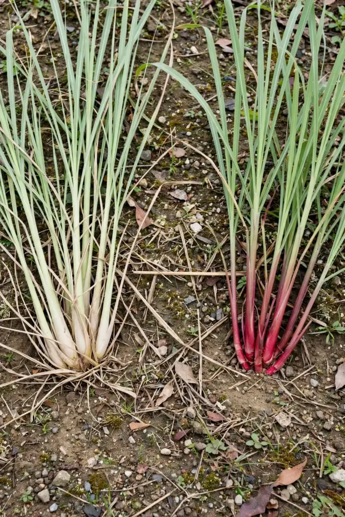 Lemongrass with pale bases beside citronella with magenta-red stem bases
