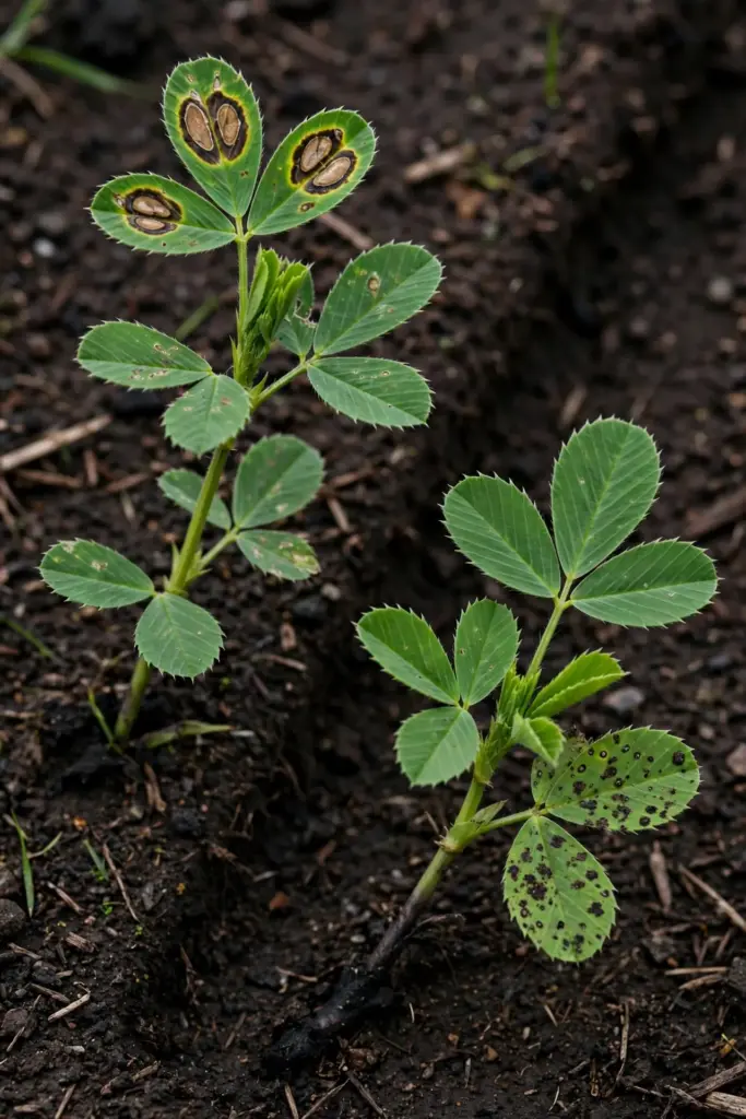Two alfalfa shoots side by side, eyespots on new leaves and tar spots on lower leaves.