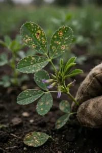 Alfalfa shoot with eyespot lesions on trifoliate leaves, steadied by a worn garden mitt