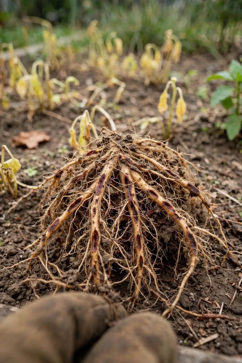 Washed roots with dark sunken lesions held over a garden bed of stunted plants