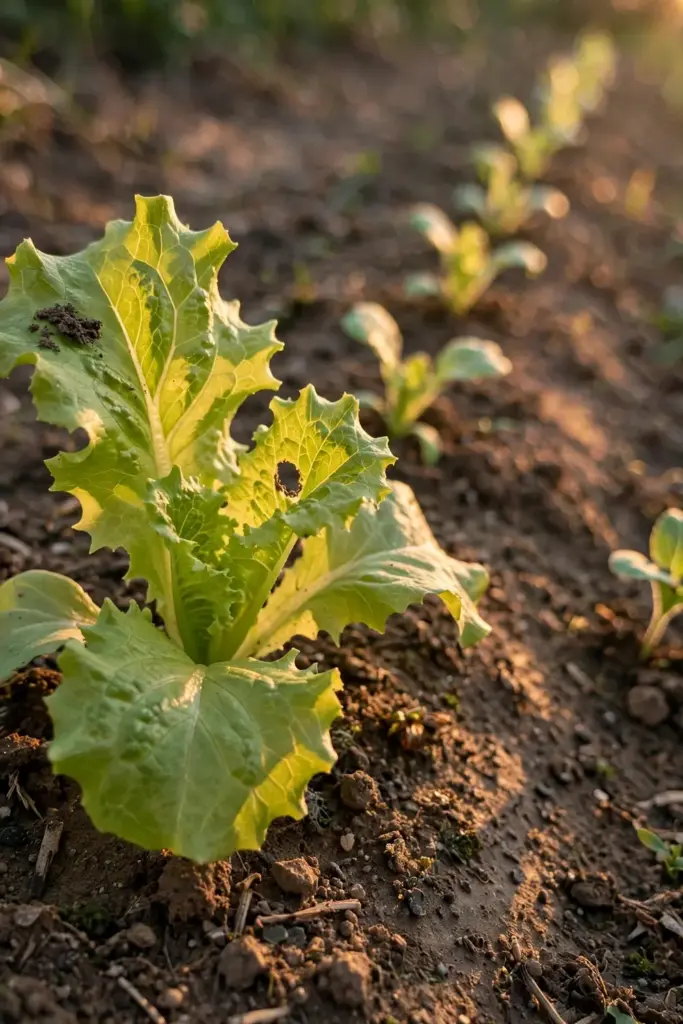 Lettuce seedlings in a row at mixed growth stages in garden soil