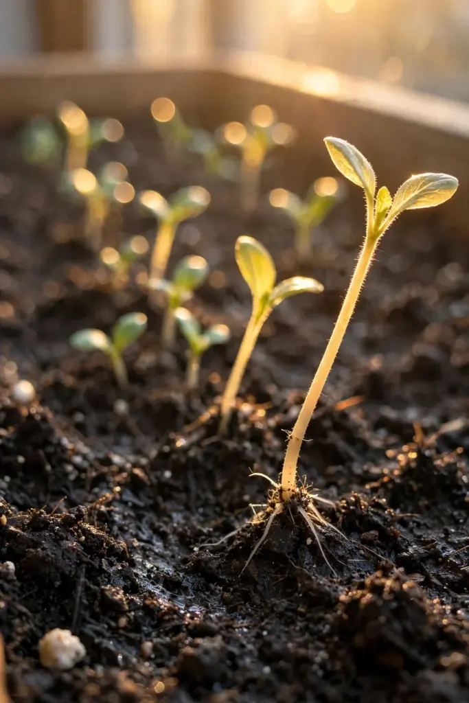 Lettuce seedlings at successive stages pushing through dark soil