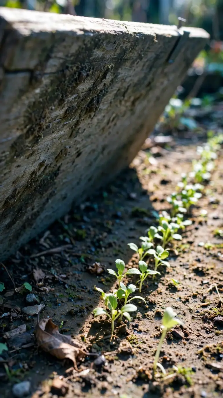 Lettuce seedlings in a row shaded by a leaning wooden board