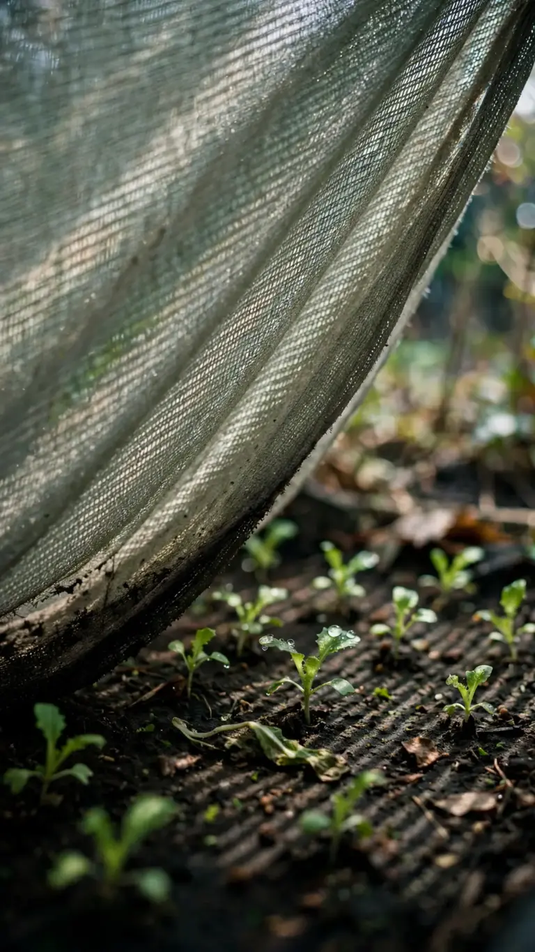Lettuce seedlings under a draped shade cloth in a fall bed