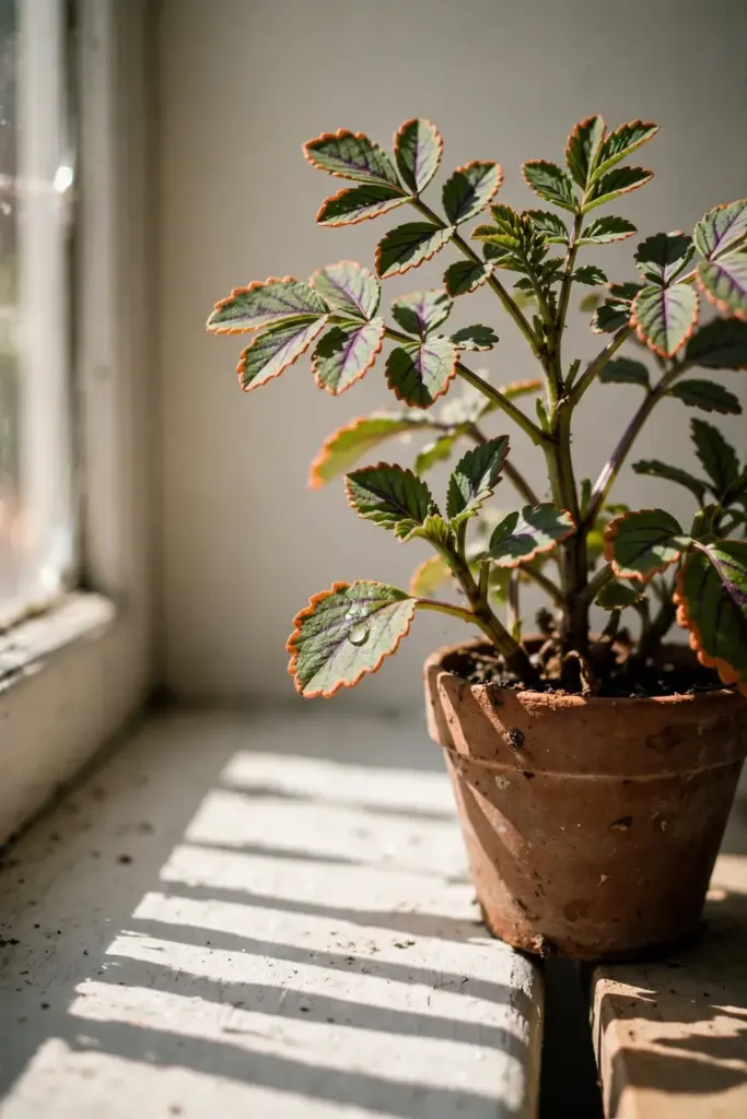 Potted life plant on a bright windowsill with sunlight falling across its leaves
