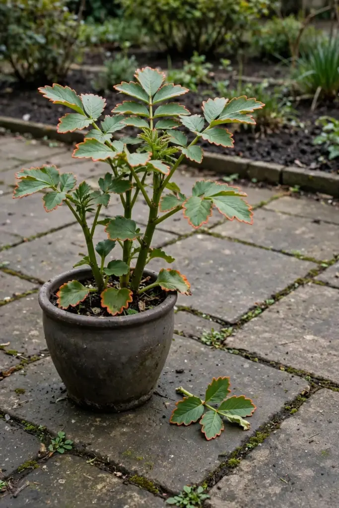 Potted life plant standing alone on paving with garden beds behind