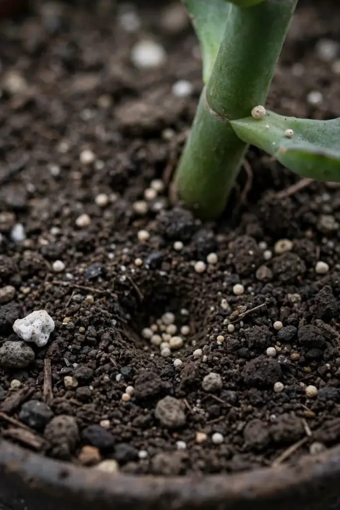 Balanced fertilizer granules scattered on succulent mix around a life plant stem