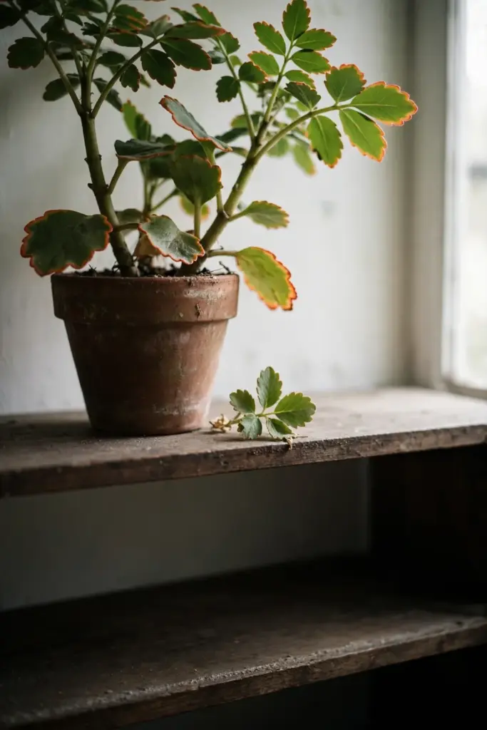 Potted life plant on a high wooden shelf above an empty floor