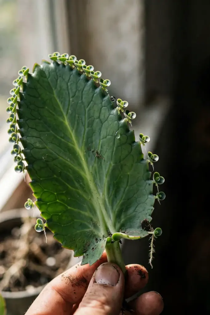 A hand holding a life plant leaf edged with tiny rooted plantlets