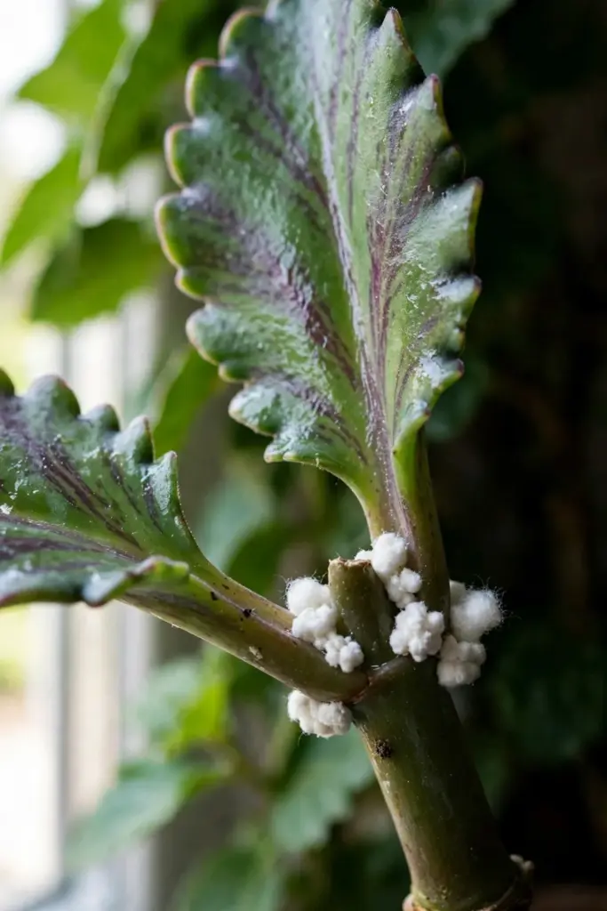 White cottony mealybug clusters tucked into a life plant leaf joint