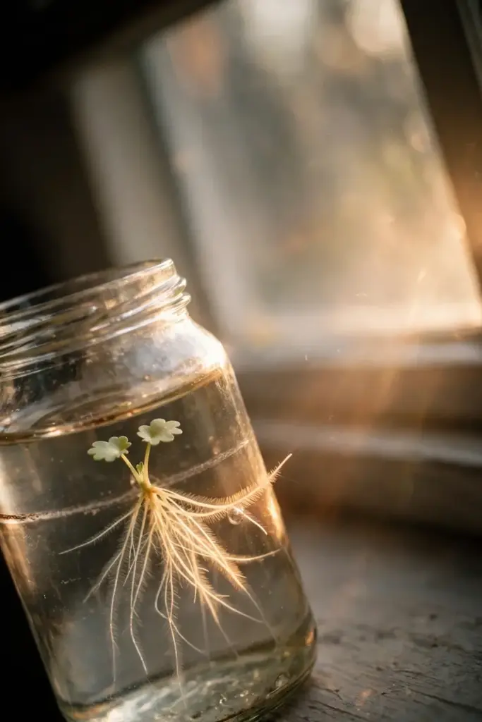 Life plant plantlet with white roots hanging in a clear glass jar of water