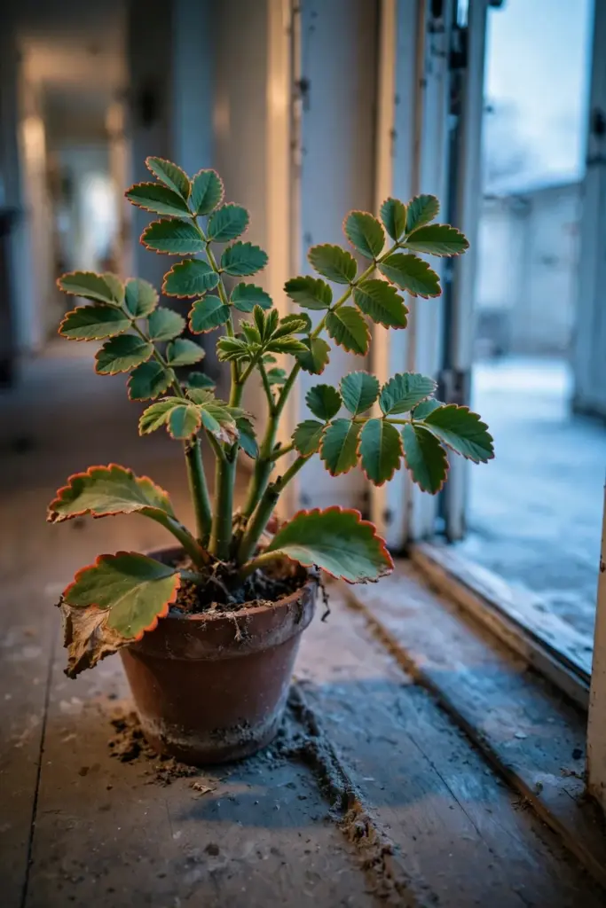 Potted life plant standing just inside an open doorway away from cold air