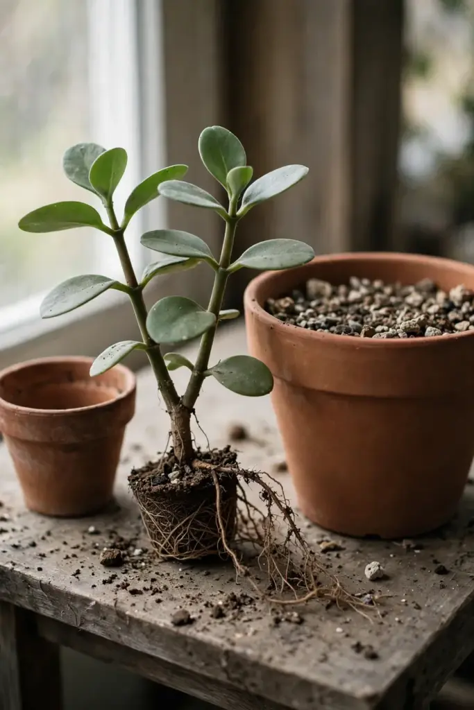 Life plant between a small old pot and a larger fresh pot of succulent mix