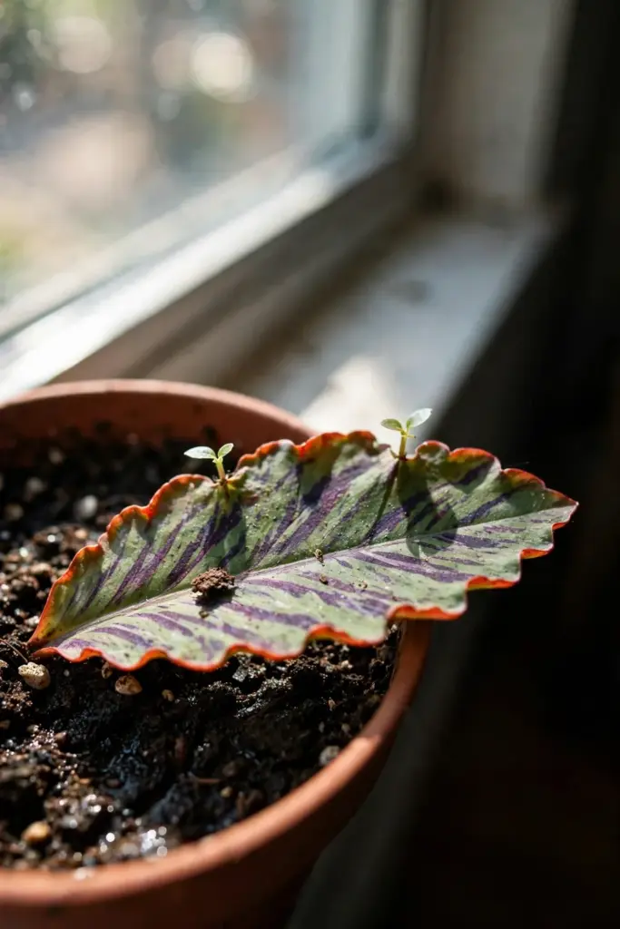Single life plant leaf laid flat on damp mix in a small pot on a windowsill