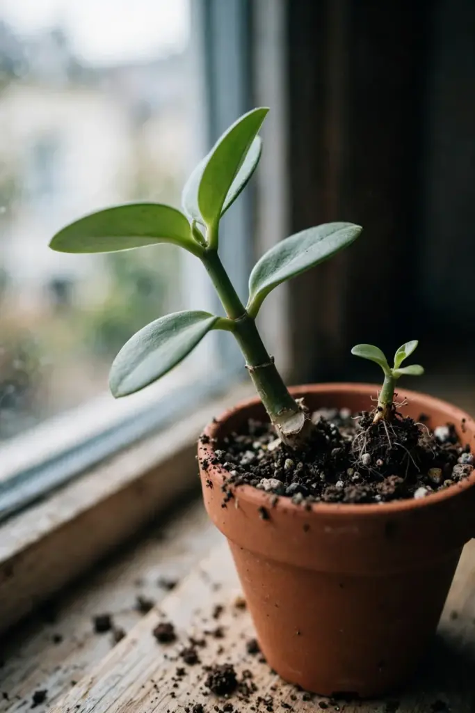 Life plant stem cutting and a rooted offset standing in succulent mix