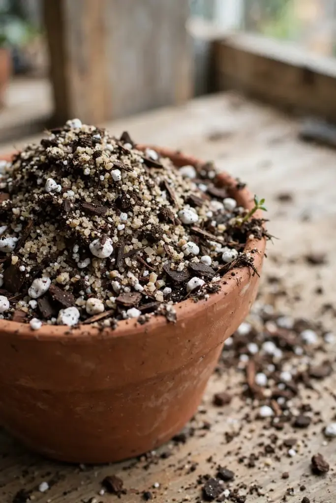 Fast-draining succulent mix with perlite and coarse sand in a terracotta pot