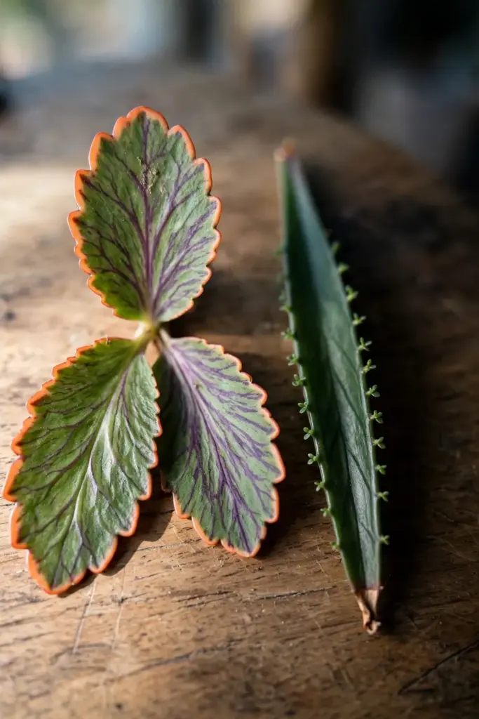Broad pinnate life plant leaf beside a narrow single mother-of-thousands leaf