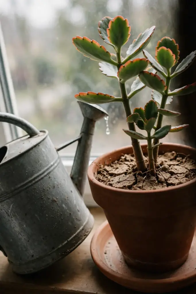 Metal watering can beside a terracotta pot with dry succulent mix