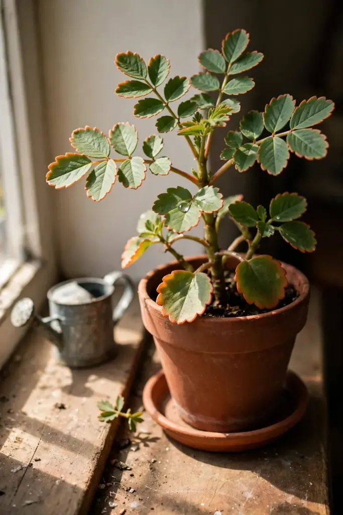 Potted life plant on a windowsill showing the complete container setup