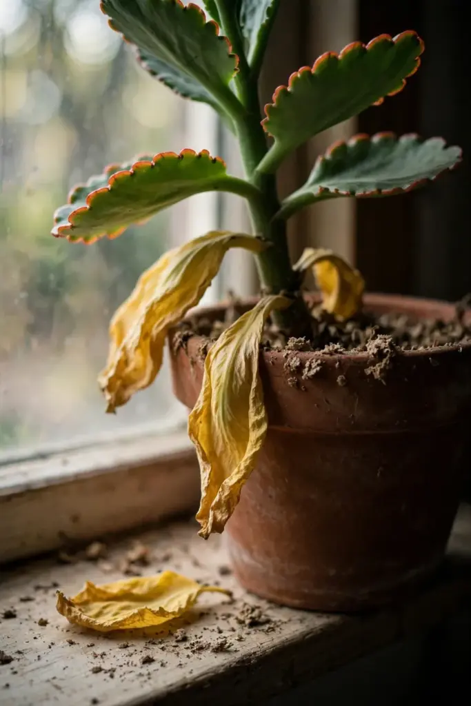Life plant with yellowing lower leaves and dry potting mix in a terracotta pot