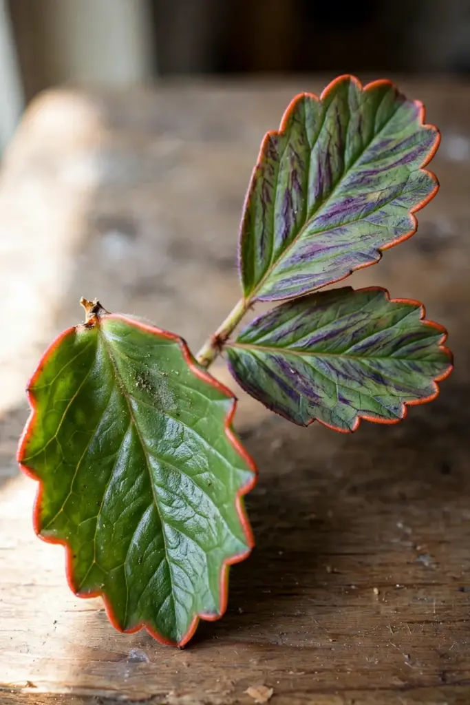 Young simple life plant leaf beside a mature pinnate leaf with three leaflets