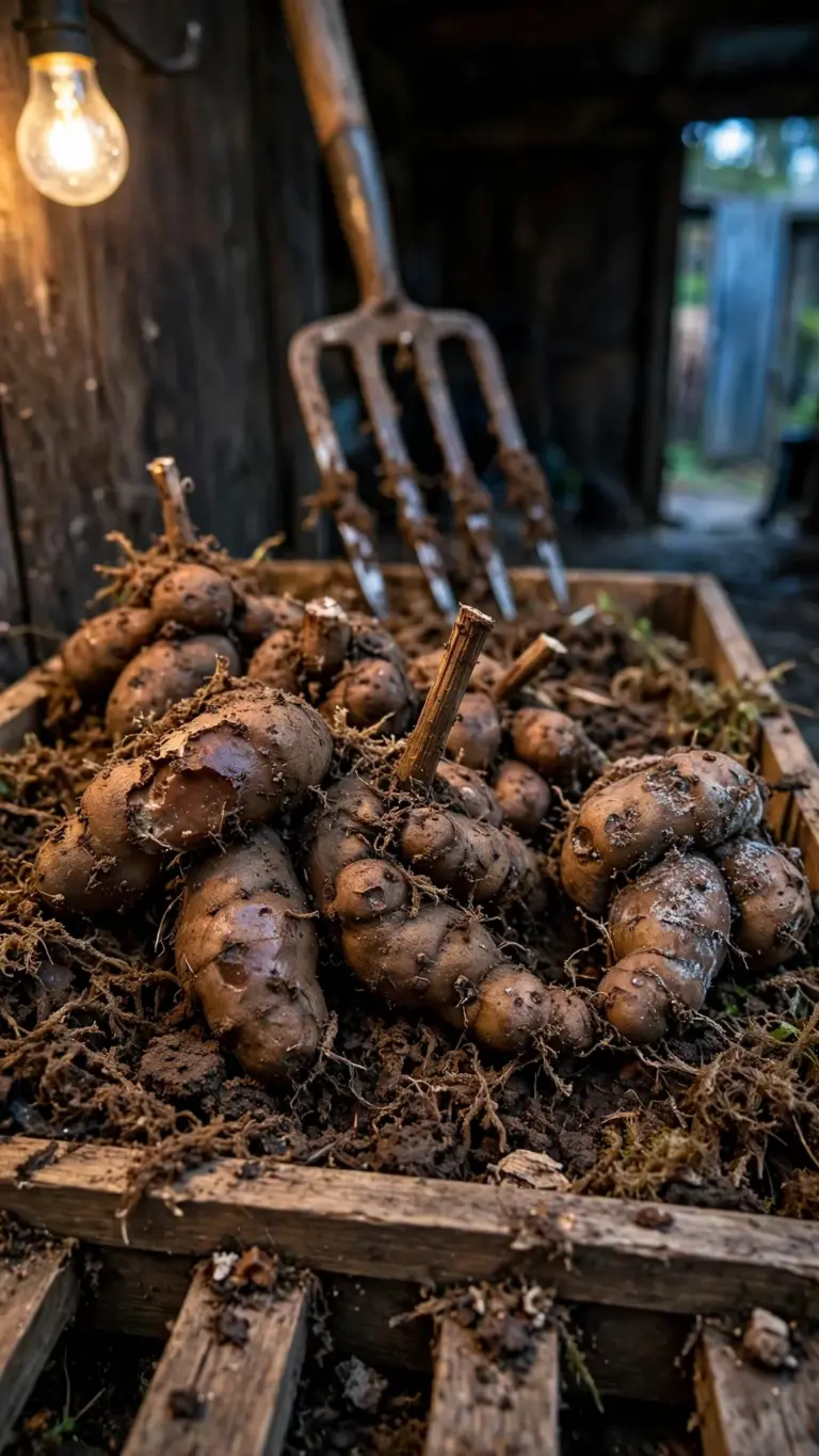Dahlia tubers packed in peat moss in a wooden crate for winter storage