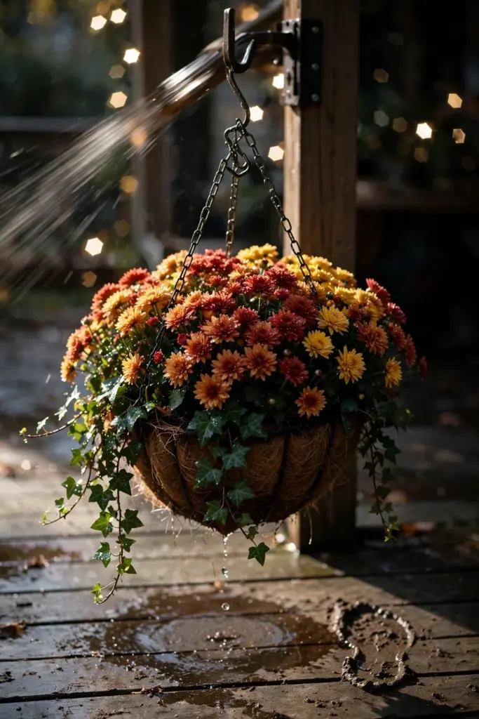 Hanging basket with taut chain, freshly watered and heavy