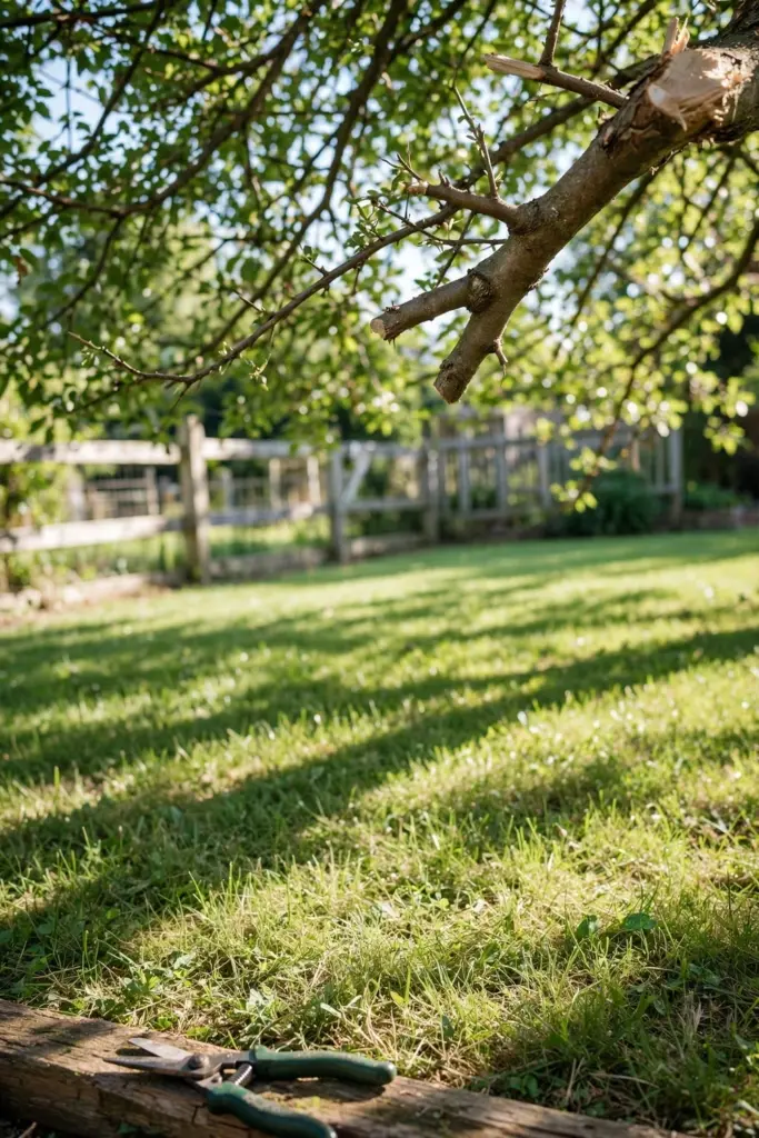 Freshly pruned tree branch above a Buffalo lawn with sunlight reaching the turf