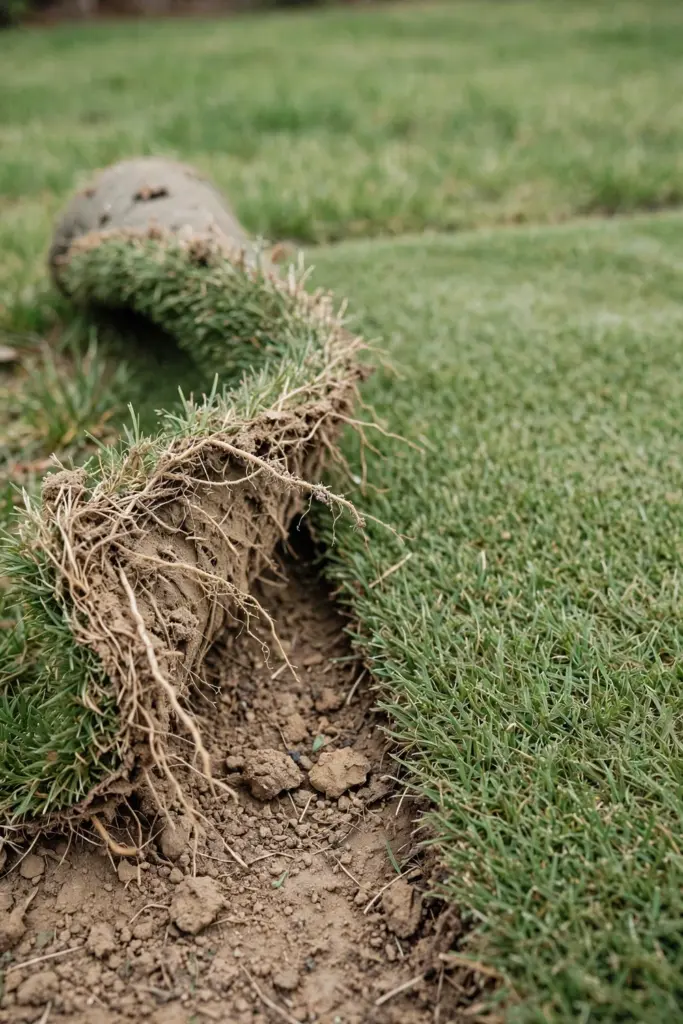 Lifted turf edge with a gap and dry soil showing under the roll