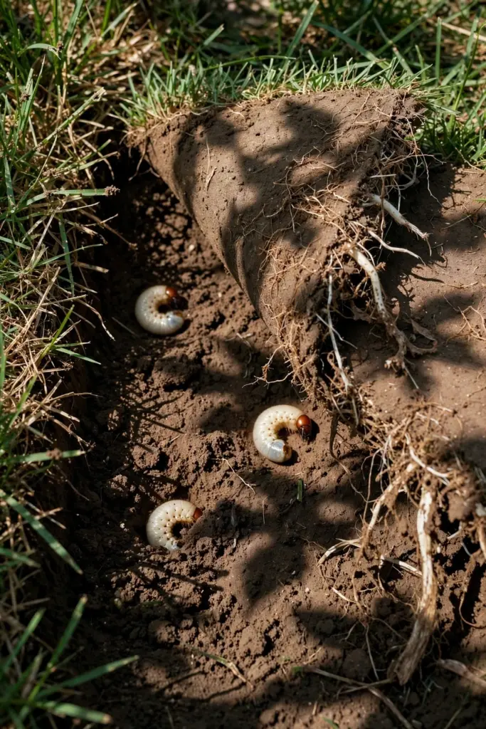 Lifted turf square showing white curl grubs in dark soil below