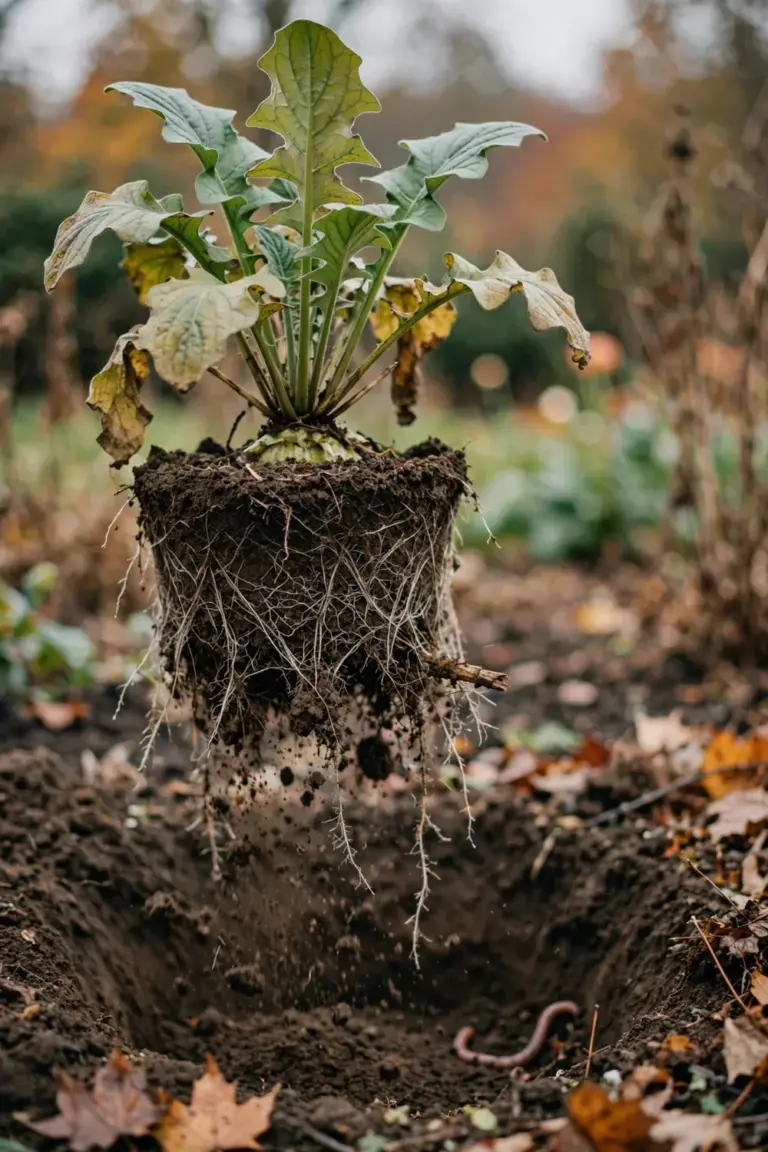 Lifted gerbera root ball with soil falling away before replanting