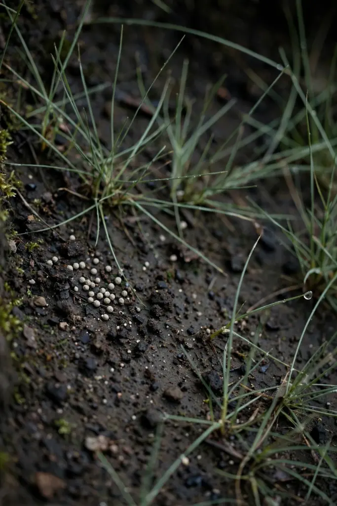 Sparse fertilizer granules scattered on damp shaded soil between Buffalo blades