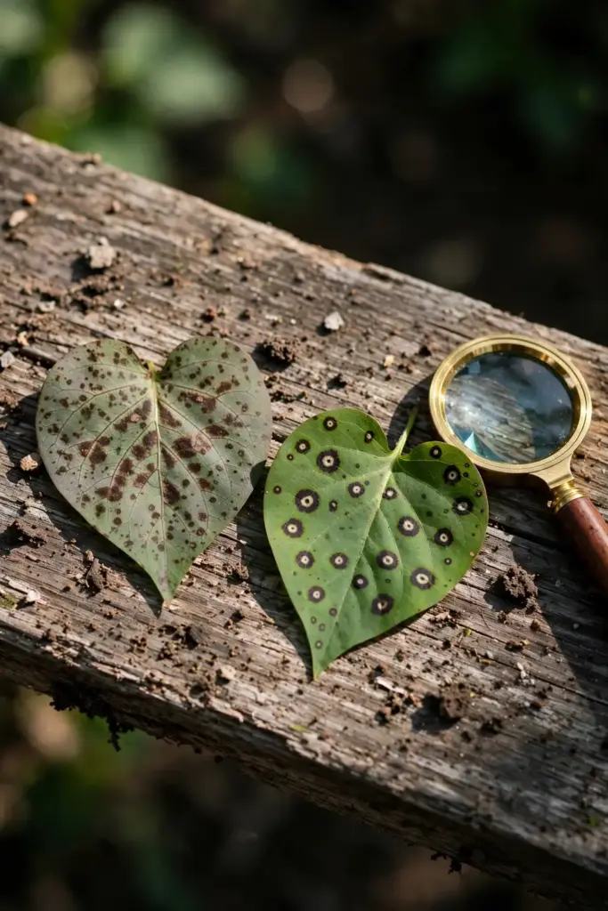 Two lilac leaves compared, one with vein-bounded spots and one with frogeye spots.